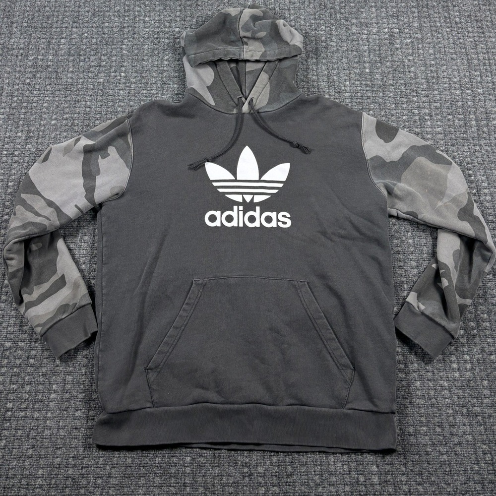 Adidas Originals Trefoil Hoodie Camo Sleeve Pullover Size L Gray Faded Hoodie